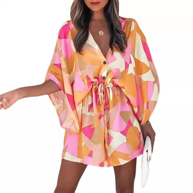 Transfronterizo europeo y americano de verano manga de vuelo Amazon deseo popular con cuello en V con cordones de ocio vestido de vacaciones ropa de mujer