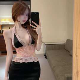 纯欲修身透视网纱低领挂脖连衣裙女气质显瘦蕾丝边拼接领中长裙