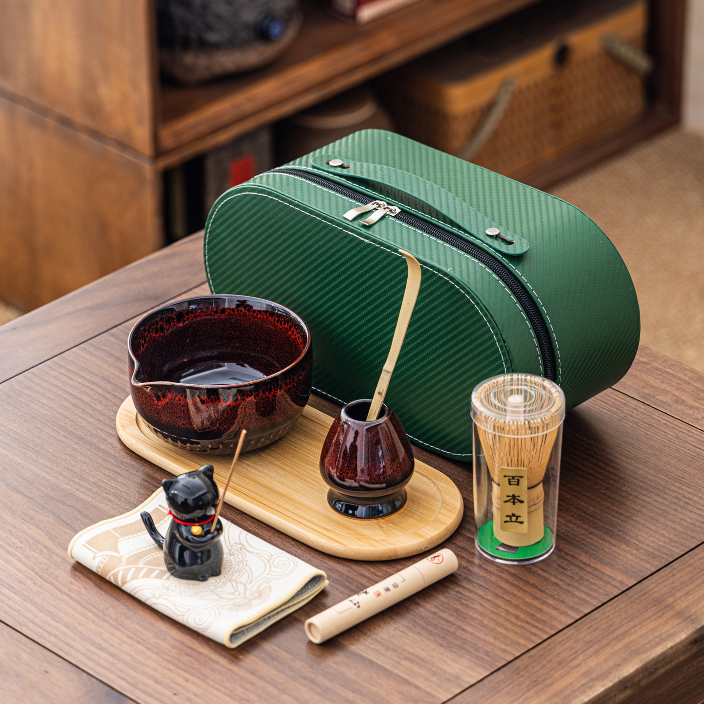 Cuenco de matcha corrugado caja de cuero set adorable gatito Xiangdao ocho piezas set punto té 100 tazas de té