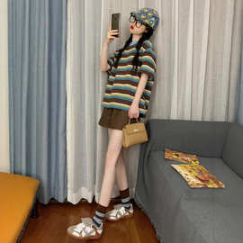 【仿棉斜纹拉架】夏季新款休闲运动服套装女条纹宽松短袖短裤两件