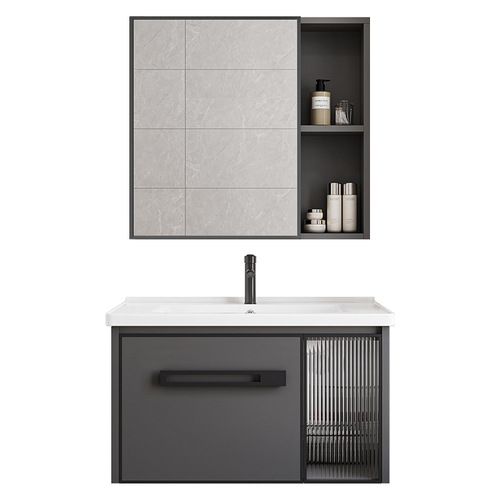 Modern minimalist wall-mounted bathroom cabinet with integrated ceramic sink and vanity countertop for the washbasin.