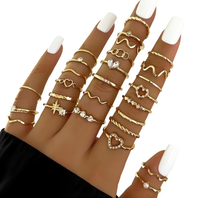 French-Style Light Luxury High-End Full Diamond Adjustable Open-Ended Women's Index Finger Knuckle Ring Set, 28-Piece Set