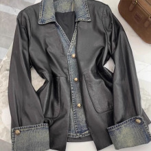 专柜撤回尾单捡漏小香风黑色牛仔拼接假两件皮衣外套女du特超好看