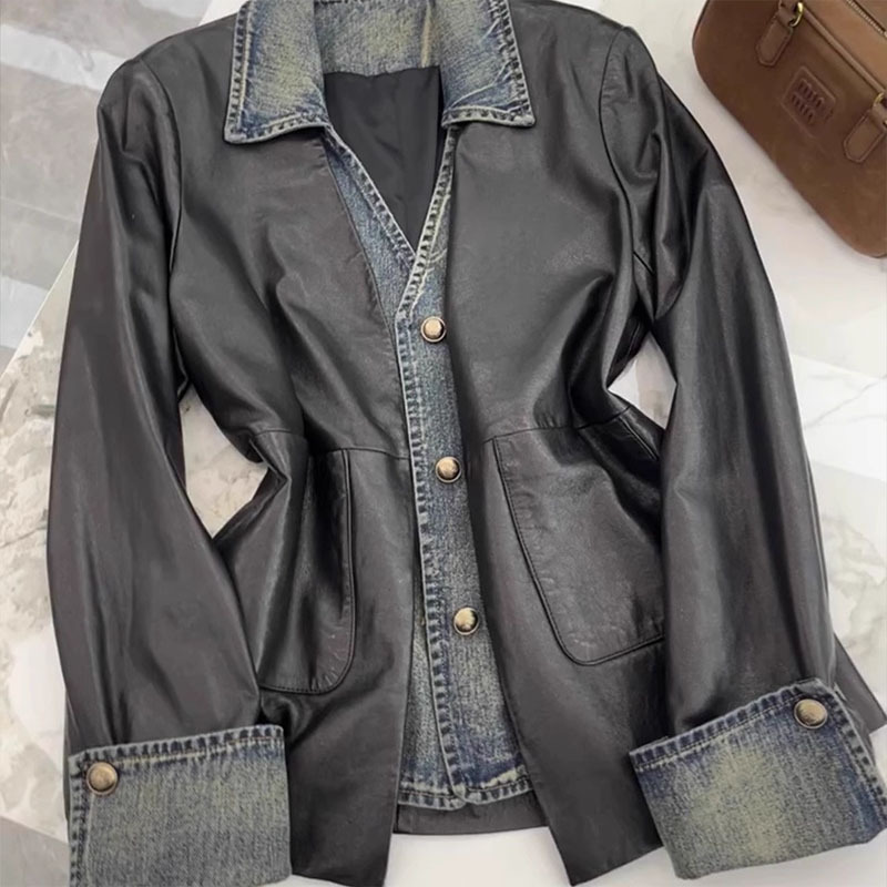 专柜撤回尾单捡漏小香风黑色牛仔拼接假两件皮衣外套女du特超好看