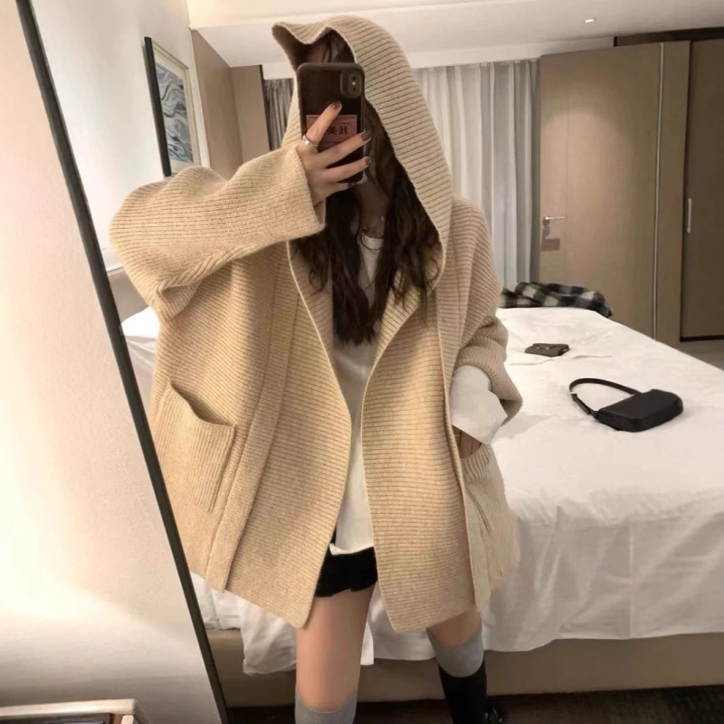 高级感连帽毛衣外套上衣女秋冬复古气质宽松慵懒大衣针织开衫加厚|undefined