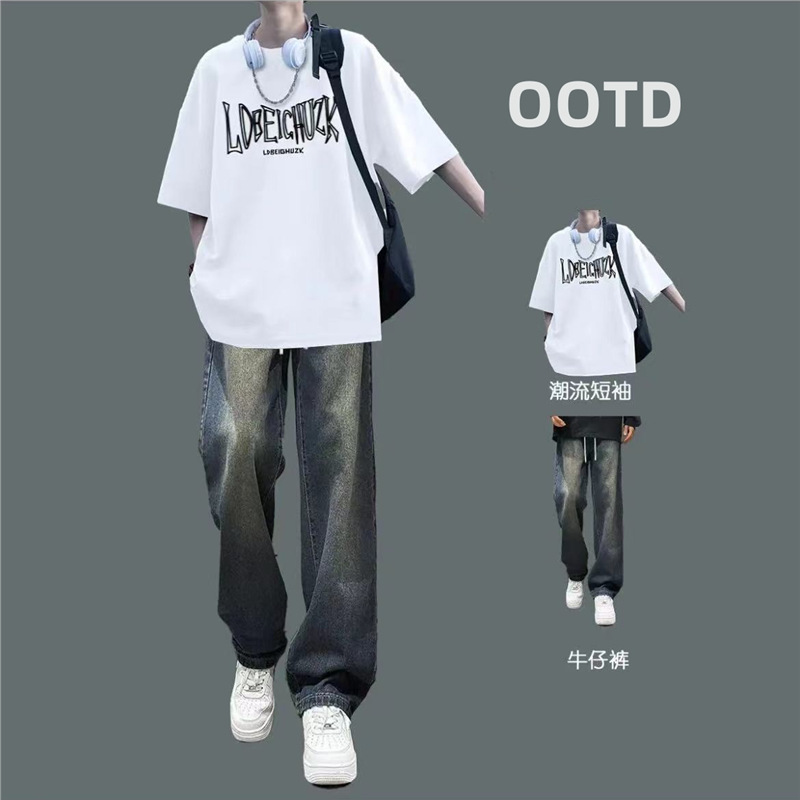 Summer Heavyweight Trendy Brand Short-Sleeved T-Shirt Suit with Jeans, Loose Men's Handsome Two-Piece Set for Teenagers
