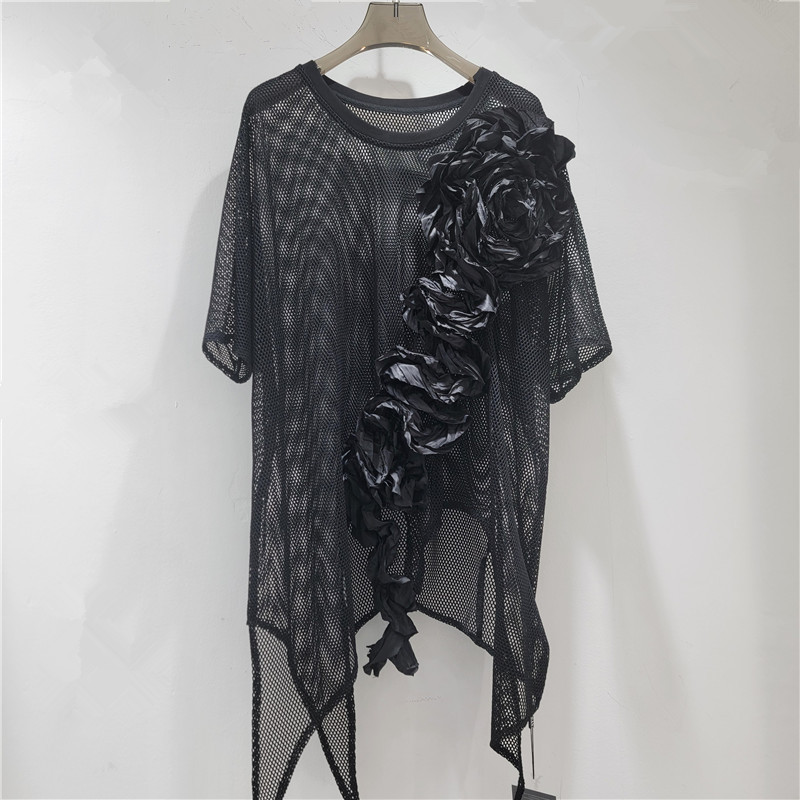 2026 primavera y verano hueco jacquard tridimensional de manga corta mujer delgada suelta alta sensación única camiseta de malla de moda image 2