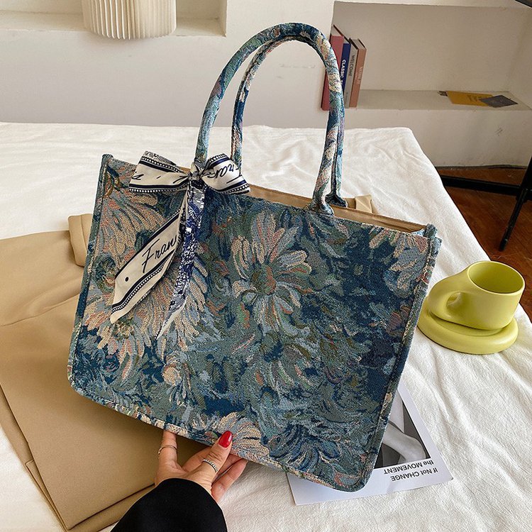 Bolso tote transfronterizo para mujer, nuevo bolso de hombro de gran capacidad tejido jacquard con pintura al óleo de jardín de Monet para comercio exterior