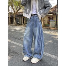 跨境vintage百搭休闲宽松情侣阔腿裤美式复古卡通刺绣弯刀牛仔裤