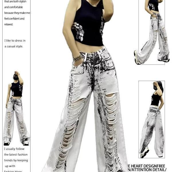 American retro design ripped tie-dye jeans for women, new summer style, loose and slimming casual pants