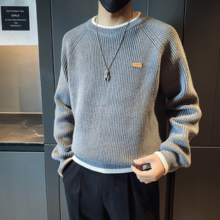 Fake Two-piece Sweater Men's 2024 Winter Trendy Brand Heavy-weight Round Neck Loose Casual Lazy Style Raglan Sleeve Sweater