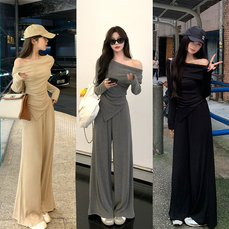 Korean-Style Early Spring Outfit for Petite Figures: One-Shoulder, Age-Reducing Long-Sleeve Top and Casual Wide-Leg Pants Two-Piece Set