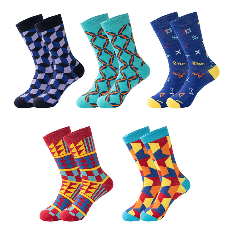 Cross-Border Men's Mid-Length Socks Plaid Colorful Geometric Diamond Pattern Versatile European and American Mix and Match Harajuku Hip-Hop Street Cross-Border Men's Mid-Length Socks Plaid Colorful Geometric Diamond Pattern Versatile European and American Mix and Match Harajuku Hip-Hop Street