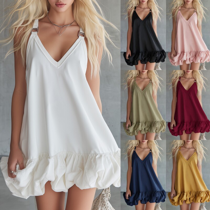 2026 Summer New Products European and American Cross-Border Independent Website Women's Clothing Elegant Casual Solid Color V-Neck Ruffled Mini Skirt 2026 Summer New Products European and American Cross-Border Independent Website Women's Clothing Elegant Casual Solid Color V-Neck Ruffled Mini Skirt