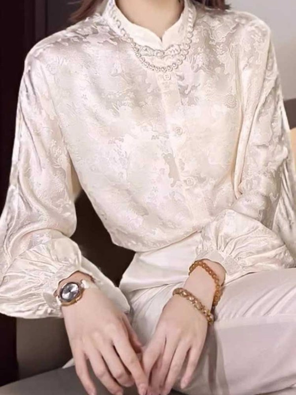 年轻款香云纱上衣新中式桑蚕丝国风女装早秋长袖时尚提花衬衫大码|undefined