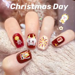 X310假指甲貼片可拆卸穿戴甲過年新款磨砂煙花龍手工封層光療美甲