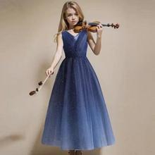 蓝色儿童礼服少儿主持人演出服女童钢琴表演礼服演出长裙童礼服