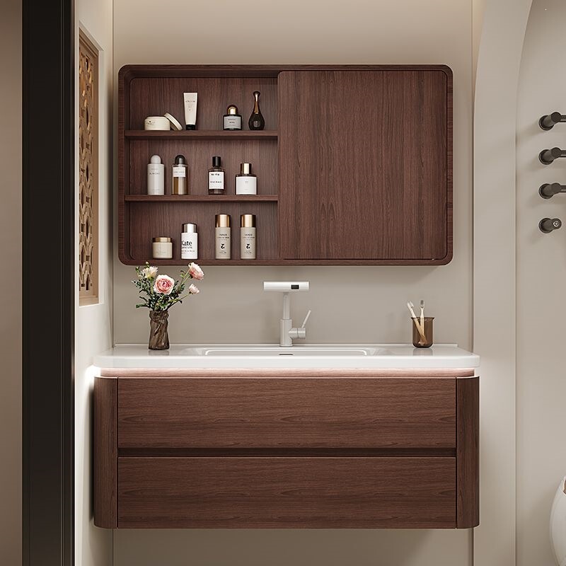 New Chinese-Style Hidden Mirror Cabinet Bathroom Cabinet with Integrated Ceramic Basin in Walnut Color, Feng Shui Mirror, Bathroom Sink for Washing Hands and Face