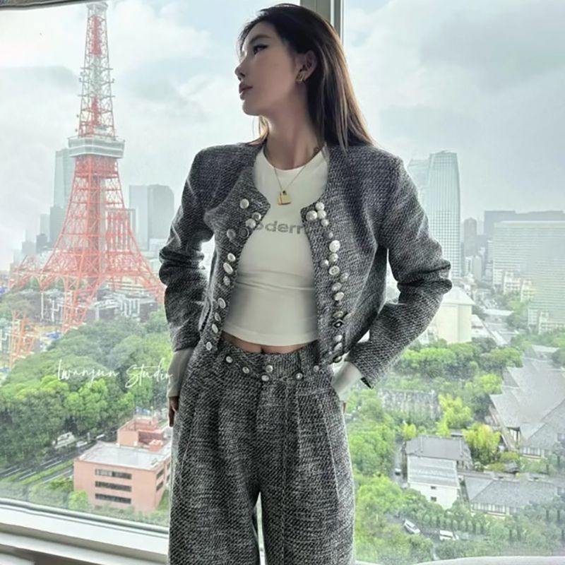 Tweed Style Suit for Women 2025 Autumn and Winter New Style Ladylike Short Jacket High Waist Straight Pants Two-Piece Set