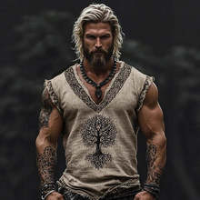 亚马逊跨境夏季男士麻料短袖宽松休闲圆领T恤3D民族风数码印花