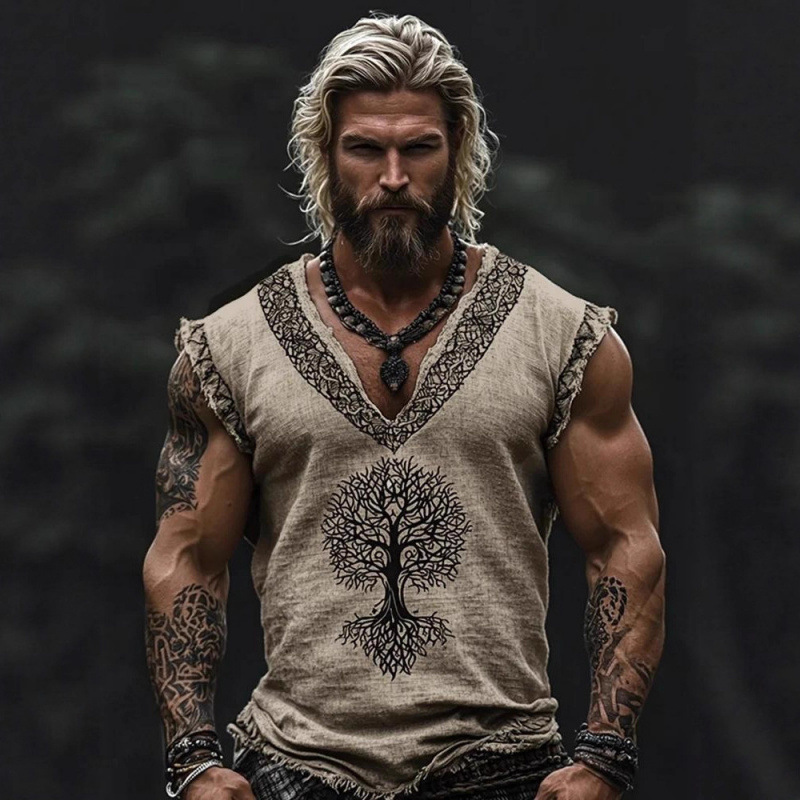 亚马逊跨境夏季男士麻料短袖宽松休闲圆领T恤3D民族风数码印花