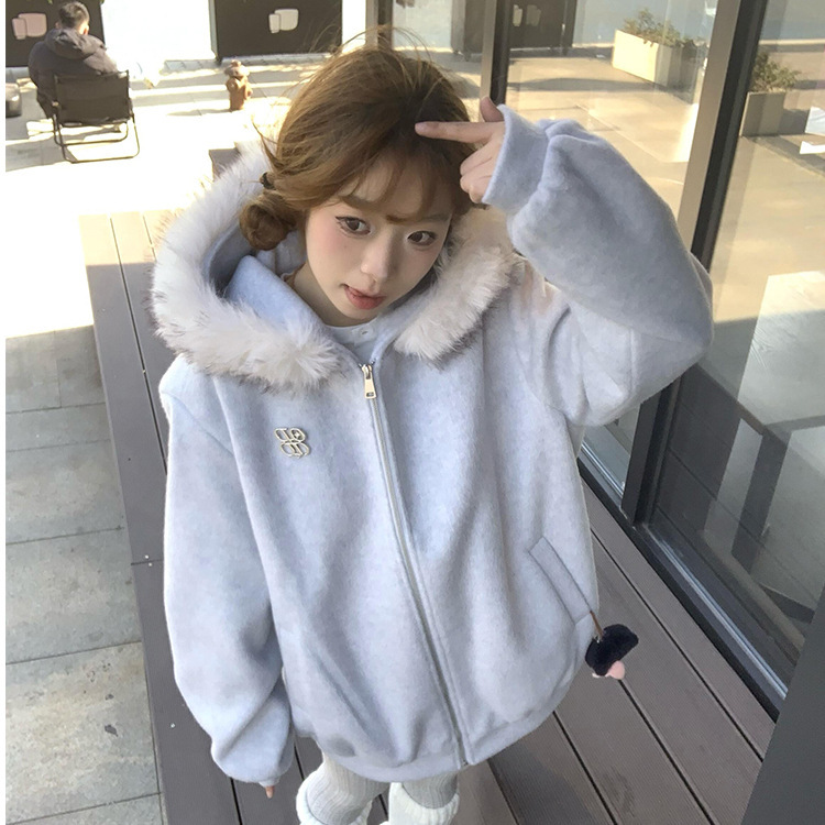 美式复古高街毛领连帽开衫卫衣外套女春秋2025oversize韩系慵懒风|undefined