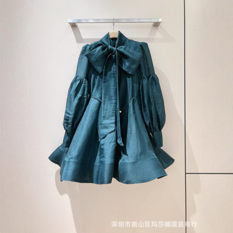 欧美高端2025秋季新款墨绿色立领飘带灯笼袖长袖收腰公主裙短裙|undefined
