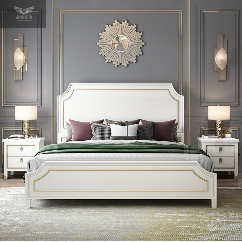 Cama de estilo americano de lujo ligero de madera maciza, cama de cama blanca, cama de matrimonio, 1.8m, cama doble moderna y simple, 1.5m