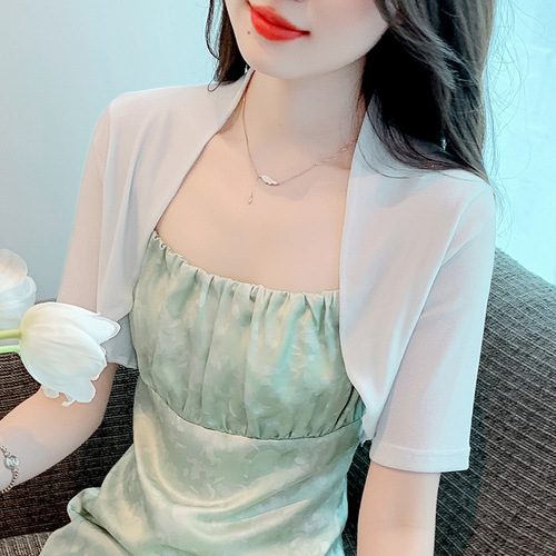 Small waistcoat high-end short-sleeved women's shawl summer new style with skirt chiffon blouse suspender skirt with cardigan tulle