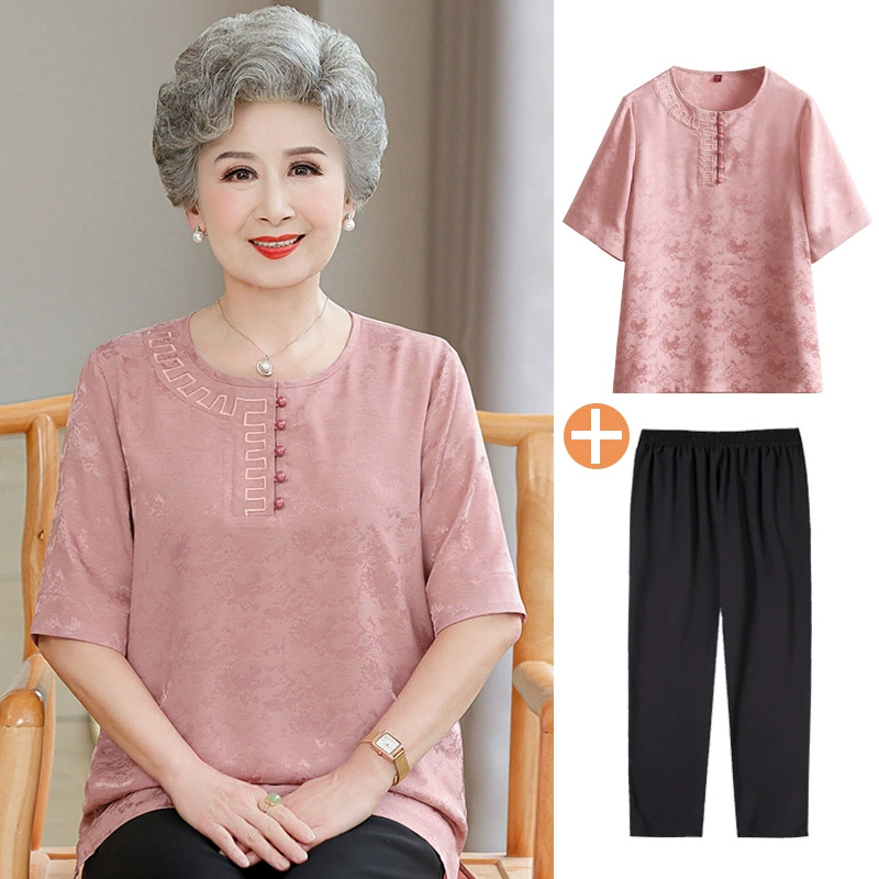 Летняя одежда для пожилых людей, женские футболки с короткими рукавами, одежда для бабушек, летние костюмы для мам, новая одежда 2025 года для старух и пожилых людей.