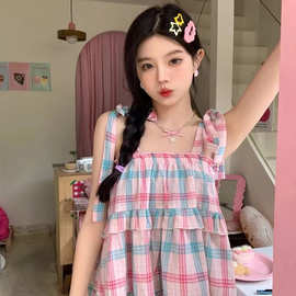 多巴胺洋气格子无袖外穿小吊带女夏季甜辣妹穿搭绑带背心短款上衣