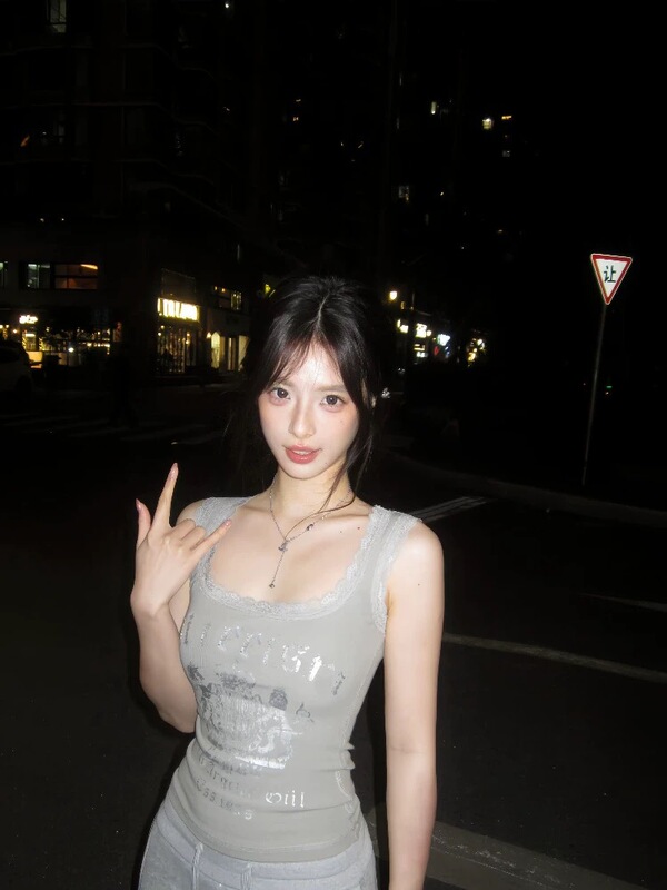 [260g cotton modal] lace camisole women's slim-fit printed sleeveless top silver gray