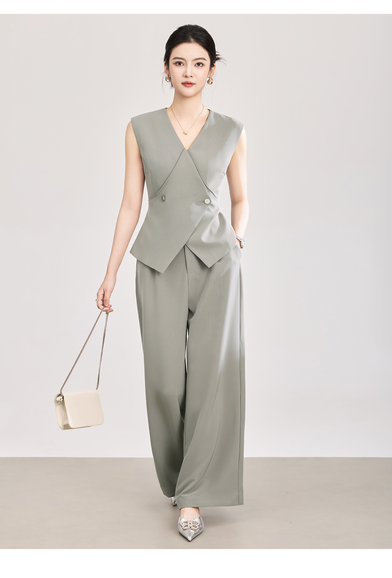 Set áo vest không tay dây buộc + quần ống rộng công sở nữ phong cách hiện đại — màu đen chi tiết 15