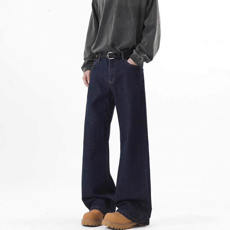 Denim Original Color Wide-Leg Jeans for Men, Autumn American High Street Style, Loose Fit, Cleanfit, Washed, Floor-Length Pants