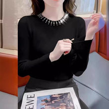 气质圆领钉珠纯色性感镂空针织衫毛衣潮女半高领韩版新款