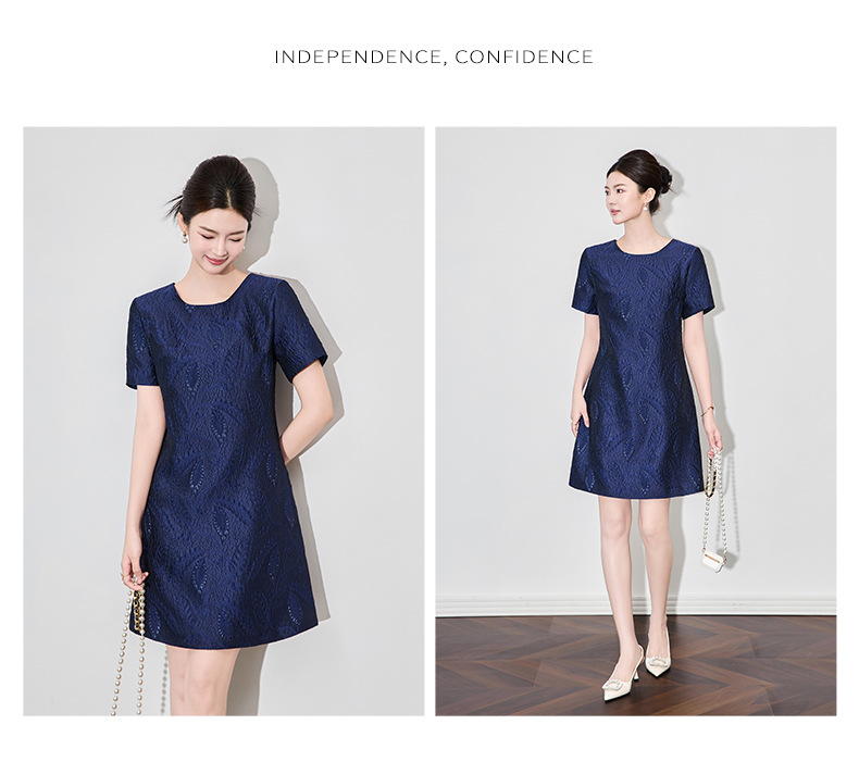 Váy ngắn tay nữ họa tiết jacquard mạ vàng phù điêu thanh lịch — Màu xanh lam chi tiết 8