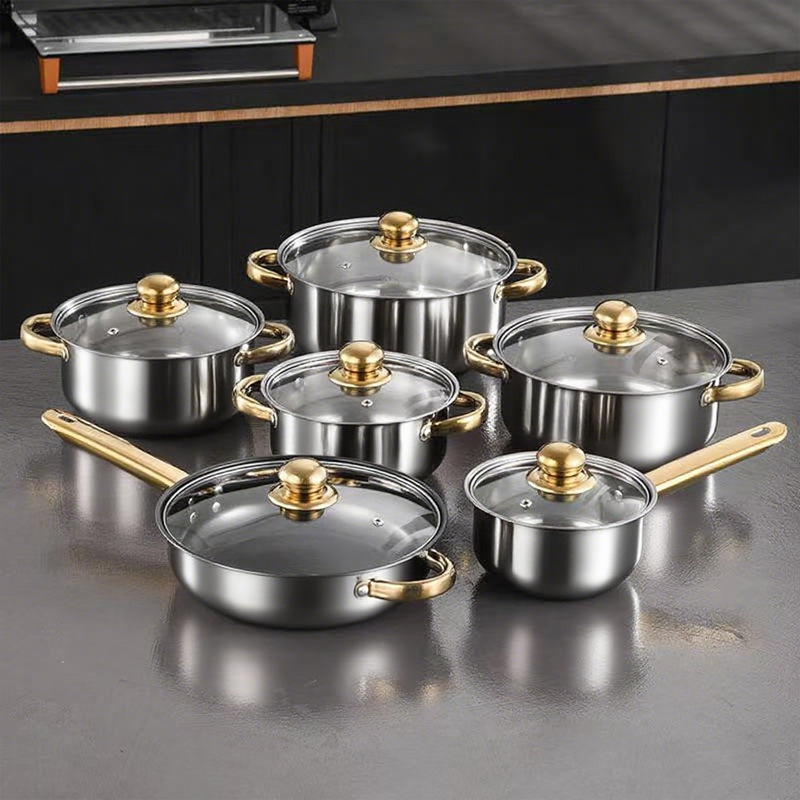 12 piezas de acero inoxidable paneles de comercio exterior transfronterizo colorido antiadherente mango de oro exportación cocina set pot