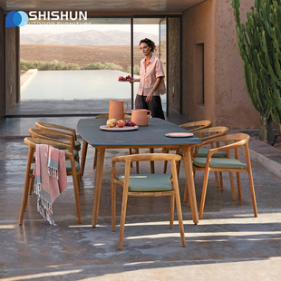 Outdoor Courtyard Terrace Villa Hotel Waterproof Sunscreen Solid Wood Rock Board Leisure Garden Outdoor Table and Chair Combination Furniture