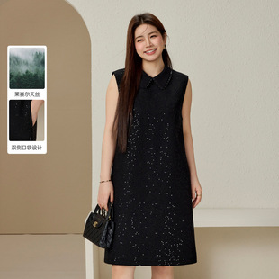 [Light Luxury Sequin Lar Sleeveless Black dress] Slim Show plus size Women's Fat mm2025 Spring New