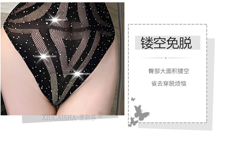 Hollow-Out Fishnet Bodystocking with Rhinestone Detail, Black Plus Size One-Piece Lingerie — detail image 8