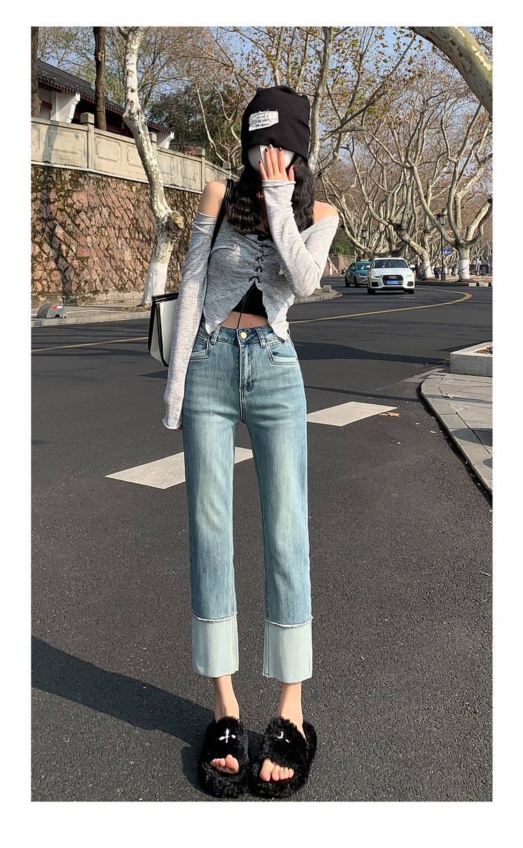 【中国直邮】HEY+JEANS 春季韩系翻边高腰显瘦九分裤 黑色 M