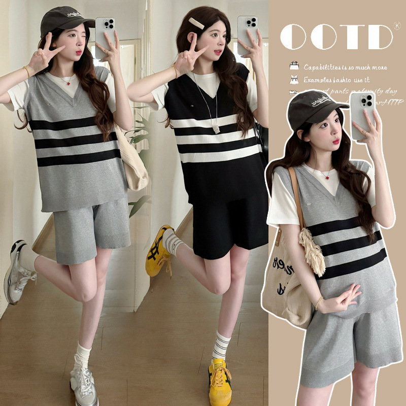 Maternity Wear Summer Trendy Mom Fashion New Style Knitted Ice Silk Casual Sports Age-Reducing Two-Piece Wide-Leg Shorts Set