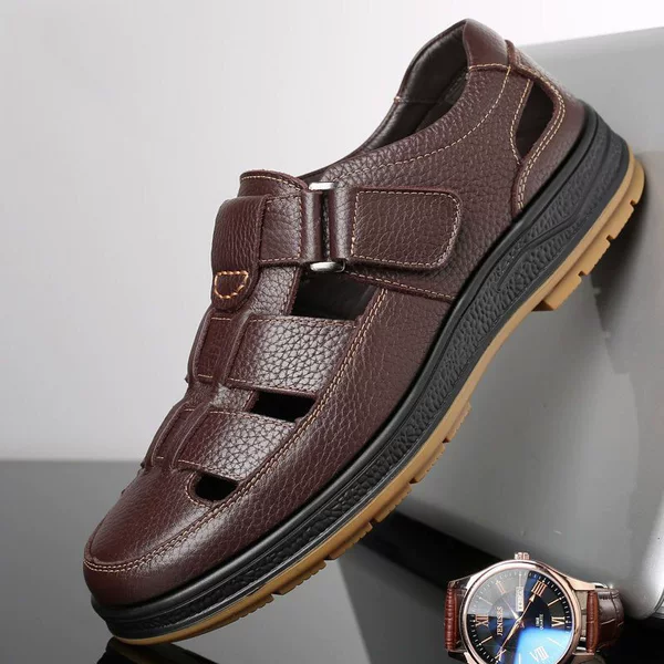 Men's Genuine Leather Sandals for Summer, Breathable Perforated Design, Large Size Closed-Toe Beach Shoes for Dad