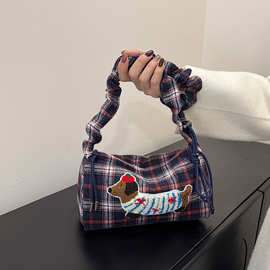日系小众百搭格纹帆布卡通腊肠狗单肩托特包大容量腋下包通勤女包