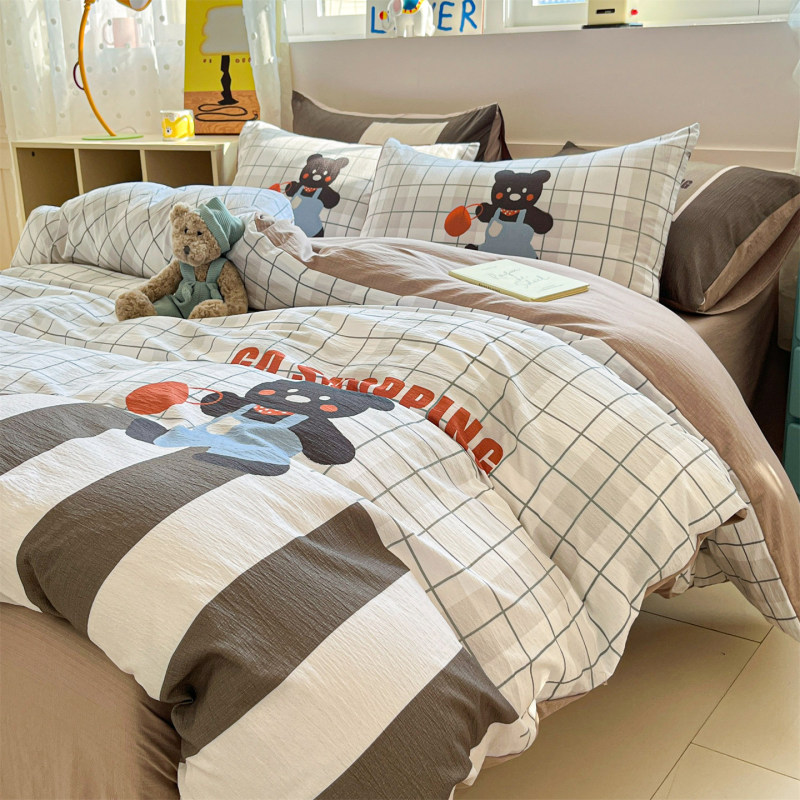 Cute Ins-Style Cartoon Skin-Friendly Printed Washed Cotton Bedding Four-Piece Set, Duvet Cover, Bed Sheet, Student Dormitory Three-Piece Set