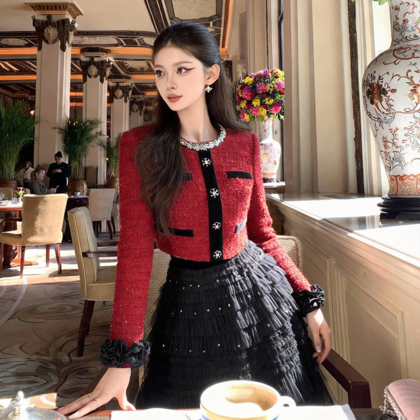 Đầm maxi nữ thắt eo phong cách tiểu thư, tay lỡ phối lưới voan xòe nhẹ — Đen đỏ