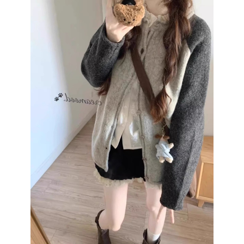 Coreano perecío sésamo diseño sensación de color suéter cardigán temperamento gris de manga larga chaqueta de punto