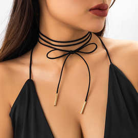 欧美跨境饰品时尚简约蝴蝶结绑带长款项链 个性DIY绒布颈链choker