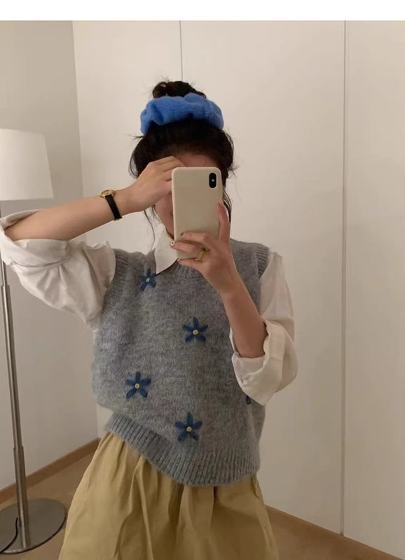 韩系刺绣无袖针织背心马甲女春秋季外搭叠穿圆领毛衣叠穿坎肩马夹|undefined
