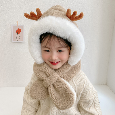 Child models winter Plush Christmas Antlers scarf lovely Little fairy thickening keep warm Collar Hat Two piece set